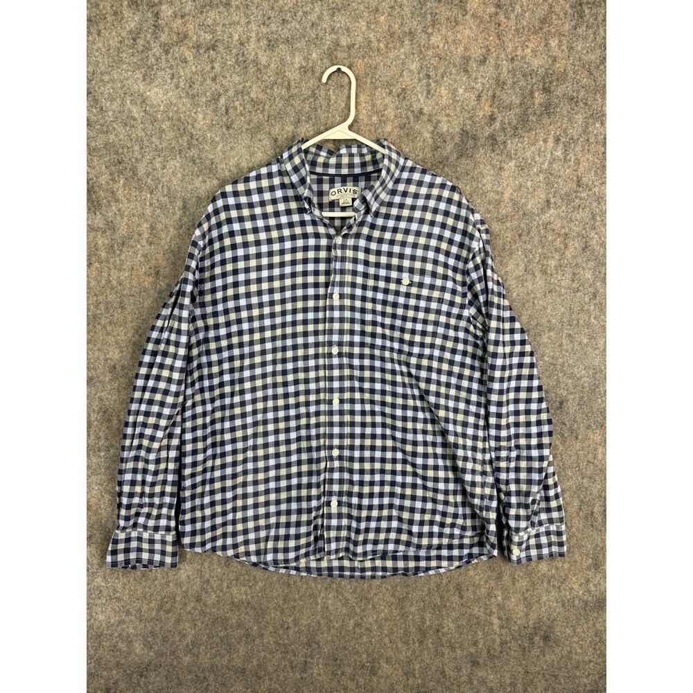 Orvis Button Up Shirt Men’s Large Blue Gray Long Sleeve Outdoors Hiking